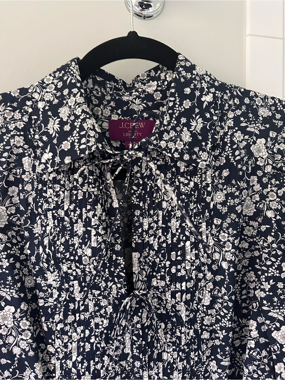 J. Crew Navy and White Floral Tie-Neck Blouse (Liberty London fabric). Size XS.